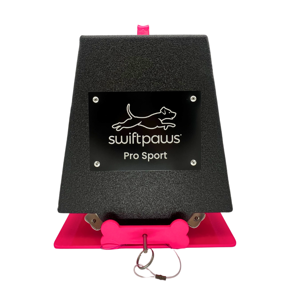 Black and pink dog toy with 'swiftpaws' branding on a white background