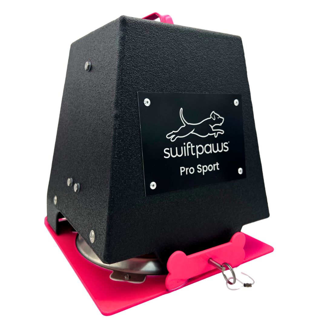 Black and pink SwiftPaws Pro Sport Machine with 'swiftpaws' branding on a white background