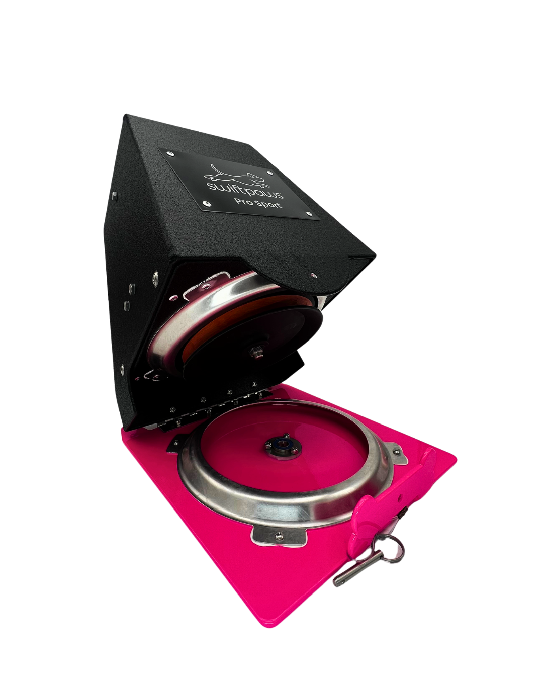 Black and pink SwiftPaws Pro Sport Machine shown in an open configuration