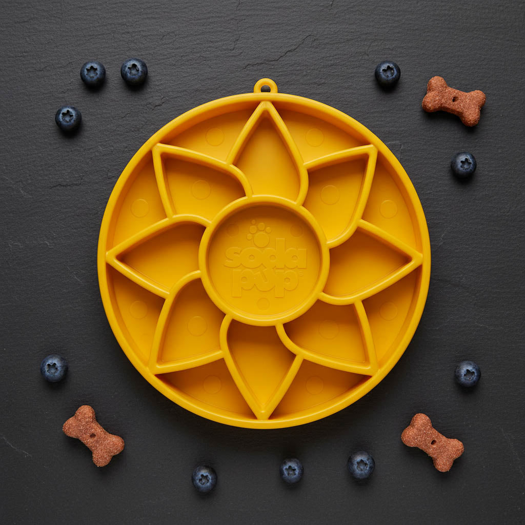 Sunflower Softie eTray Slow Feeder Dog Bowl | Soft Shallow Lick Mat | Yellow &amp; Purple | USA Made