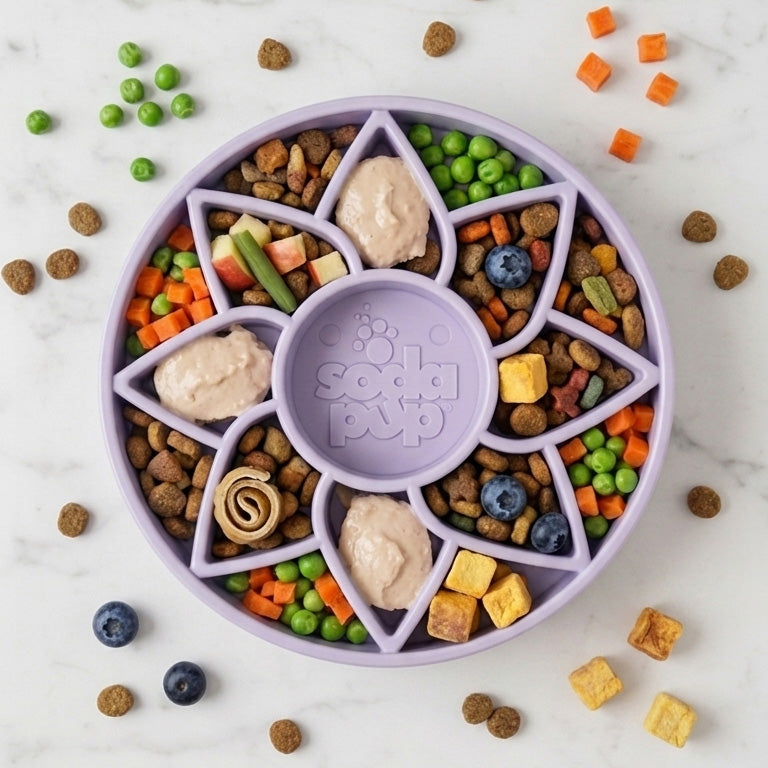 Sunflower Softie eTray Slow Feeder Dog Bowl | Soft Shallow Lick Mat | Yellow &amp; Purple | USA Made